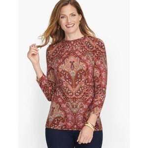 Talbots Pure Cashmere Paisley Damask Sweater Pink Burgundy‎ XL Petite